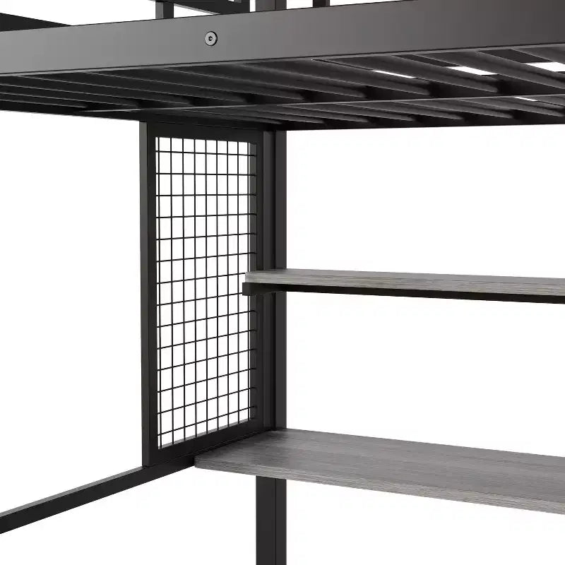 Lit mezzanine pleine taille avec bureau et armoire, cadre de lit en métal robuste avec escalier de rangement en bois et étagères pour enfants et adolescents