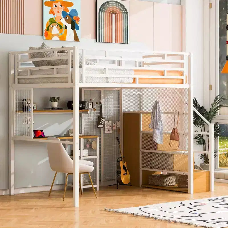 Lit mezzanine pleine taille avec bureau et armoire, cadre de lit en métal robuste avec escalier de rangement en bois et étagères pour enfants et adolescents