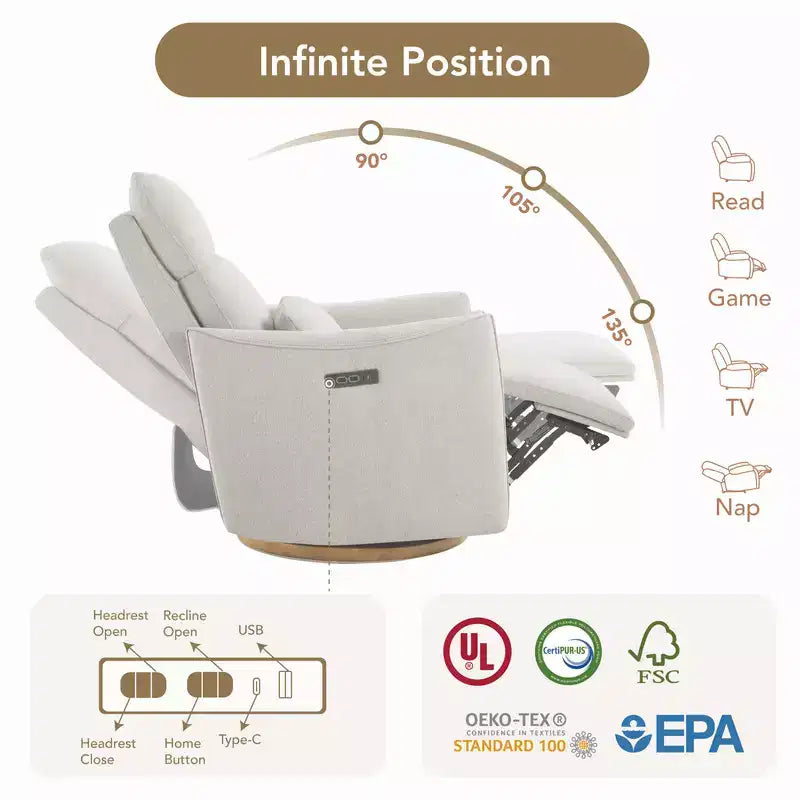 Fauteuil inclinable pivotant motorisé Spruce & Spring, double motorisation, planeur de nurserie avec coussin lombaire