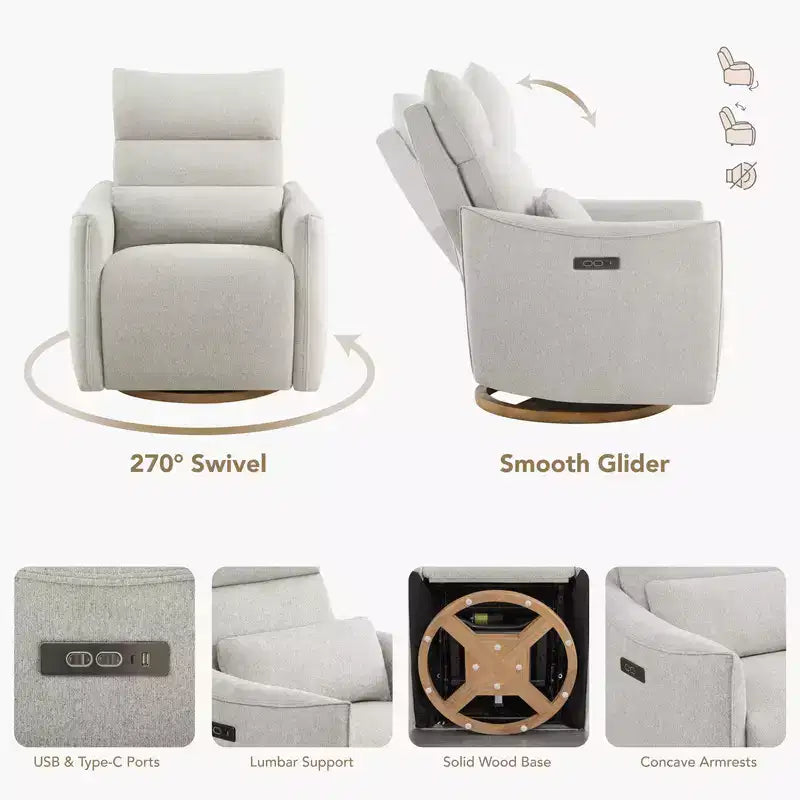Fauteuil inclinable pivotant motorisé Spruce & Spring, double motorisation, planeur de nurserie avec coussin lombaire