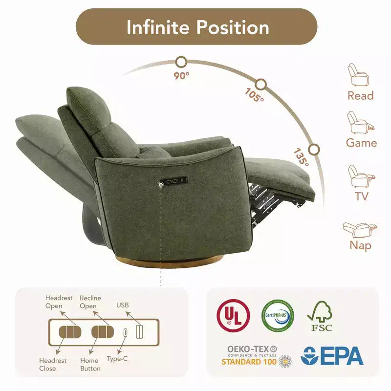 Fauteuil inclinable pivotant motorisé Spruce & Spring, double motorisation, planeur de nurserie avec coussin lombaire