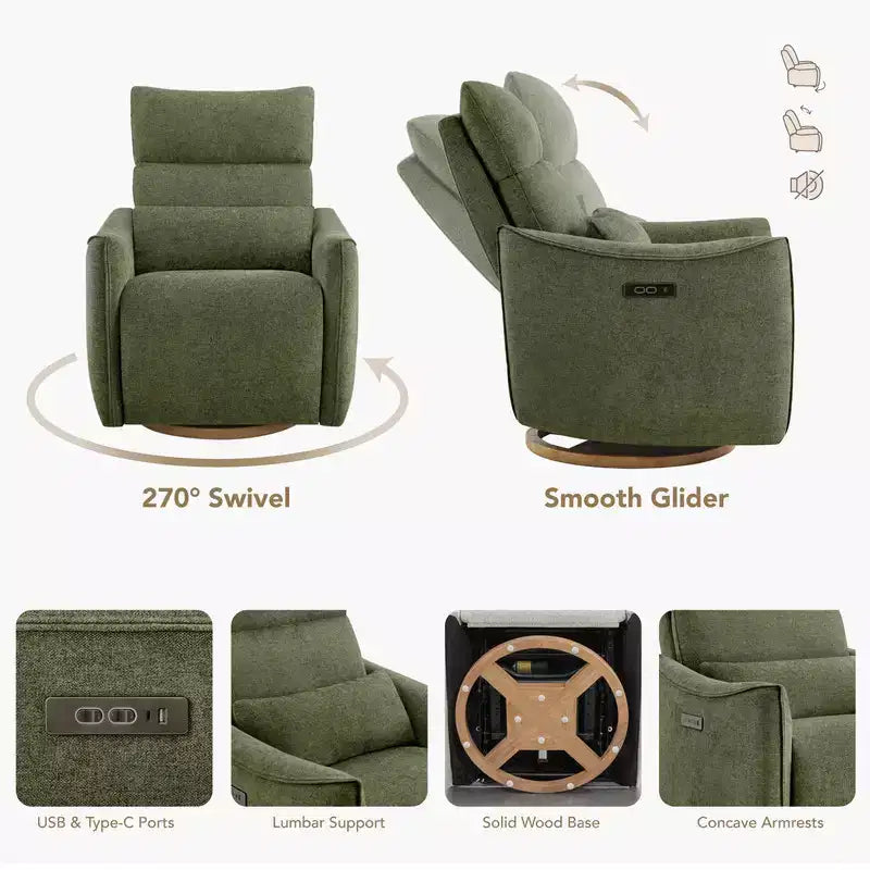 Fauteuil inclinable pivotant motorisé Spruce & Spring, double motorisation, planeur de nurserie avec coussin lombaire