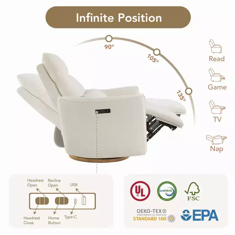 Fauteuil inclinable pivotant motorisé Spruce & Spring, double motorisation, planeur de nurserie avec coussin lombaire