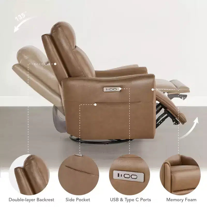 Fauteuil inclinable pivotant motorisé en cuir véritable Spruce & Spring pour chambre de bébé