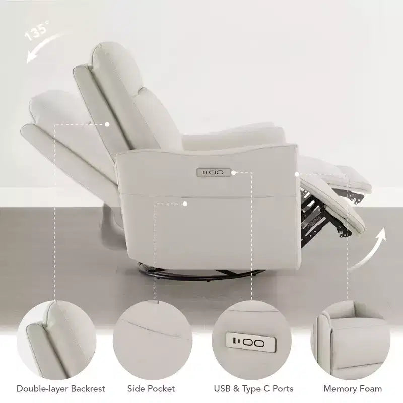 Fauteuil inclinable pivotant motorisé en cuir véritable Spruce & Spring pour chambre de bébé
