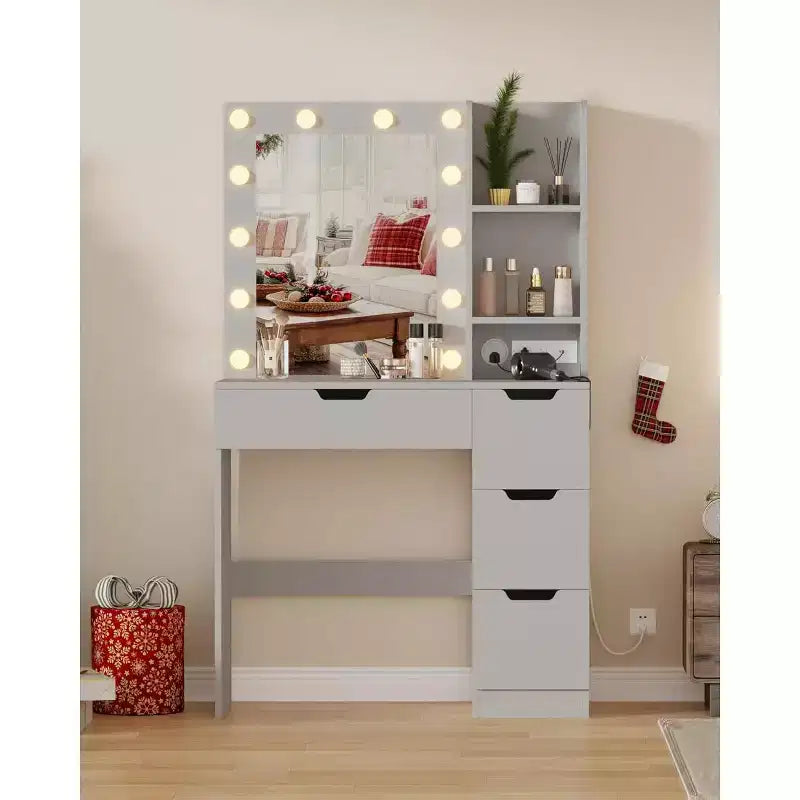 Coiffeuse haute de 140 cm, bureau de maquillage avec miroir et lumières à 3 couleurs, étagères de rangement et commode à tiroirs, pour chambre à coucher