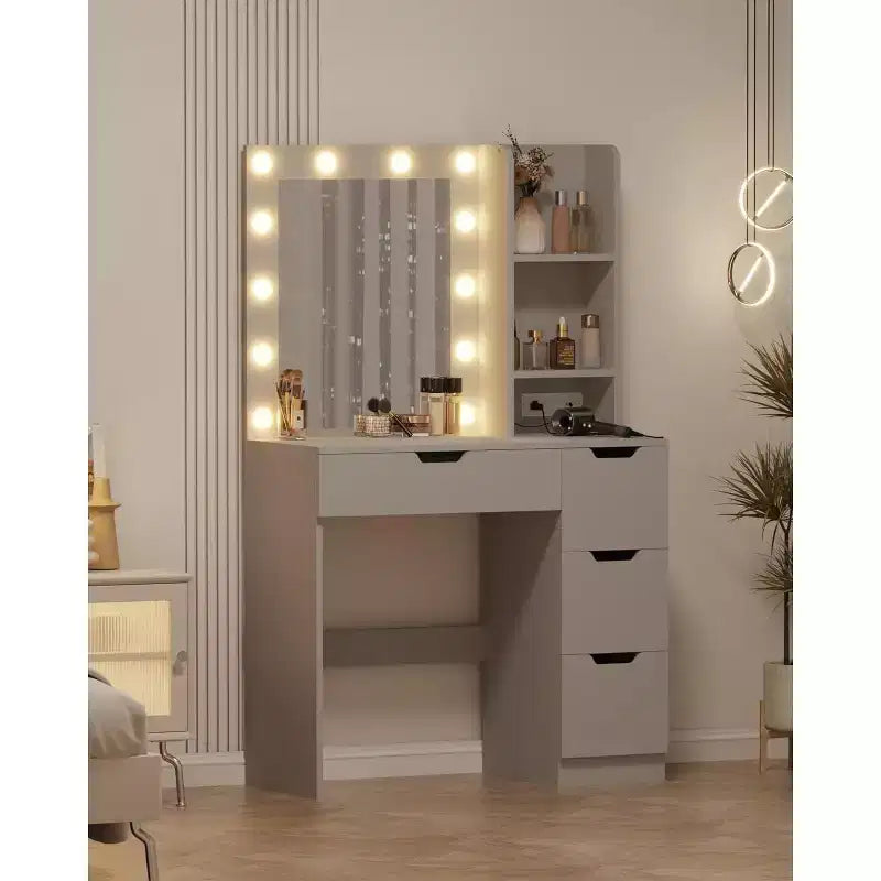 Coiffeuse haute de 140 cm, bureau de maquillage avec miroir et lumières à 3 couleurs, étagères de rangement et commode à tiroirs, pour chambre à coucher