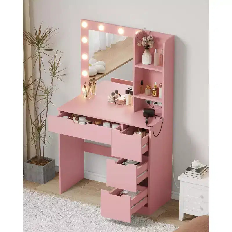 Coiffeuse haute de 140 cm, bureau de maquillage avec miroir et lumières à 3 couleurs, étagères de rangement et commode à tiroirs, pour chambre à coucher