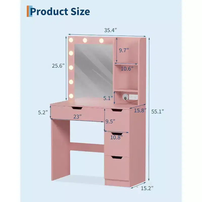 Coiffeuse haute de 140 cm, bureau de maquillage avec miroir et lumières à 3 couleurs, étagères de rangement et commode à tiroirs, pour chambre à coucher