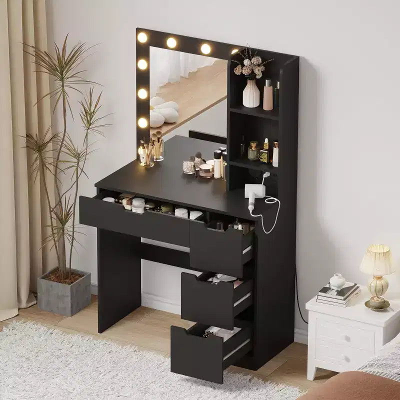Coiffeuse haute de 140 cm, bureau de maquillage avec miroir et lumières à 3 couleurs, étagères de rangement et commode à tiroirs, pour chambre à coucher