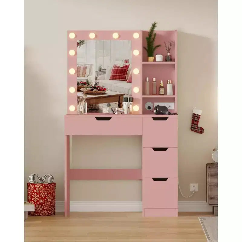 Coiffeuse haute de 140 cm, bureau de maquillage avec miroir et lumières à 3 couleurs, étagères de rangement et commode à tiroirs, pour chambre à coucher