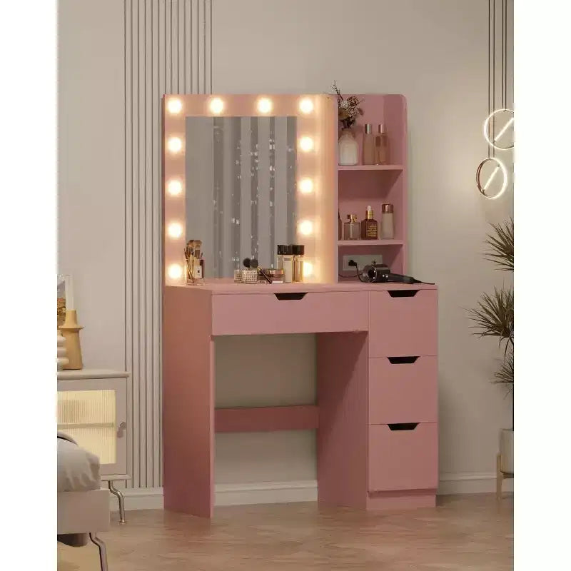 Coiffeuse haute de 140 cm, bureau de maquillage avec miroir et lumières à 3 couleurs, étagères de rangement et commode à tiroirs, pour chambre à coucher
