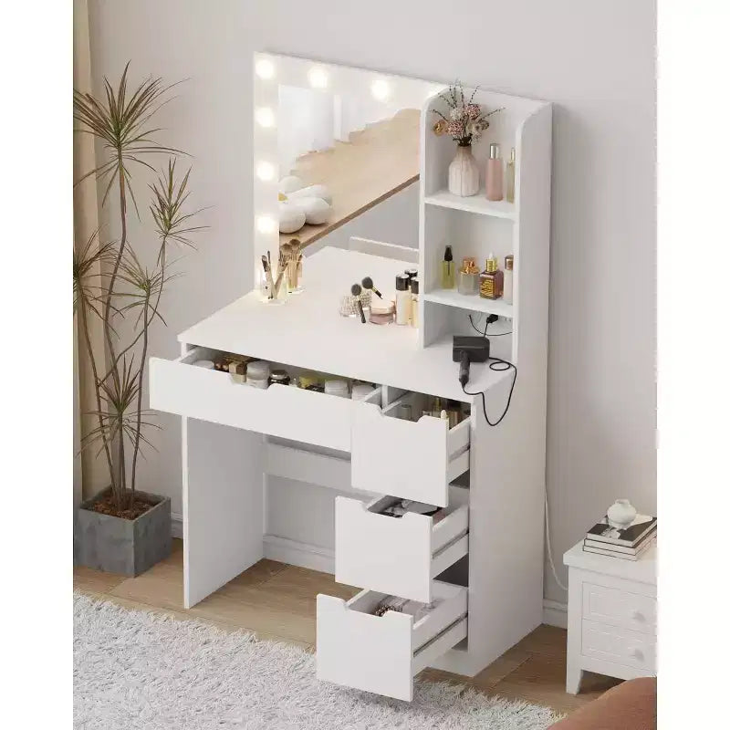 Coiffeuse haute de 140 cm, bureau de maquillage avec miroir et lumières à 3 couleurs, étagères de rangement et commode à tiroirs, pour chambre à coucher