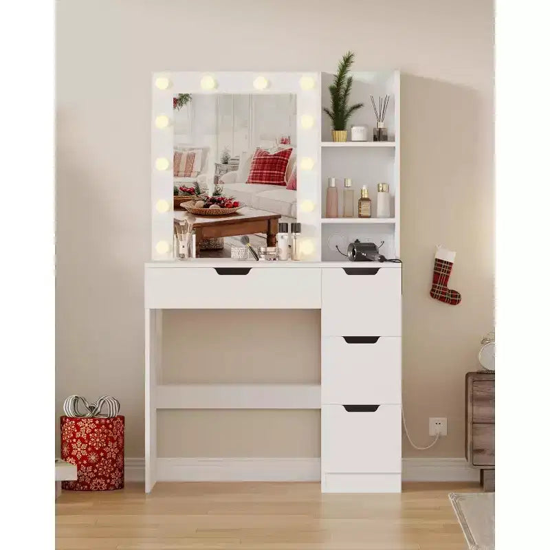 Coiffeuse haute de 140 cm, bureau de maquillage avec miroir et lumières à 3 couleurs, étagères de rangement et commode à tiroirs, pour chambre à coucher