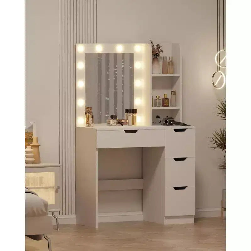 Coiffeuse haute de 140 cm, bureau de maquillage avec miroir et lumières à 3 couleurs, étagères de rangement et commode à tiroirs, pour chambre à coucher