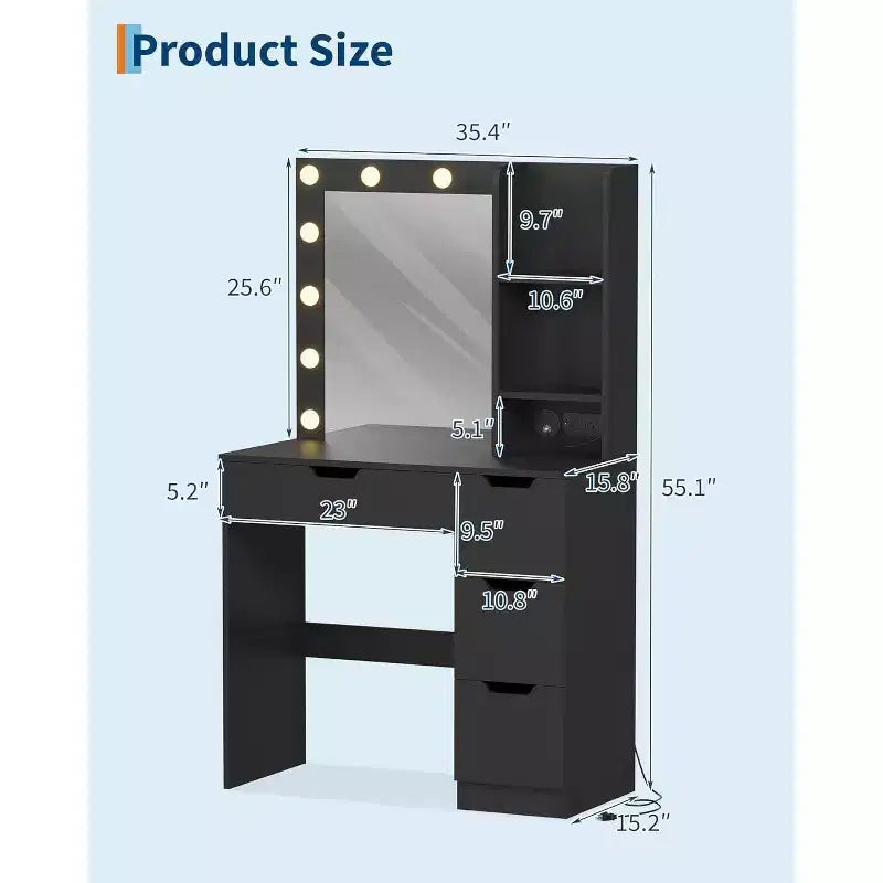 Coiffeuse haute de 140 cm, bureau de maquillage avec miroir et lumières à 3 couleurs, étagères de rangement et commode à tiroirs, pour chambre à coucher