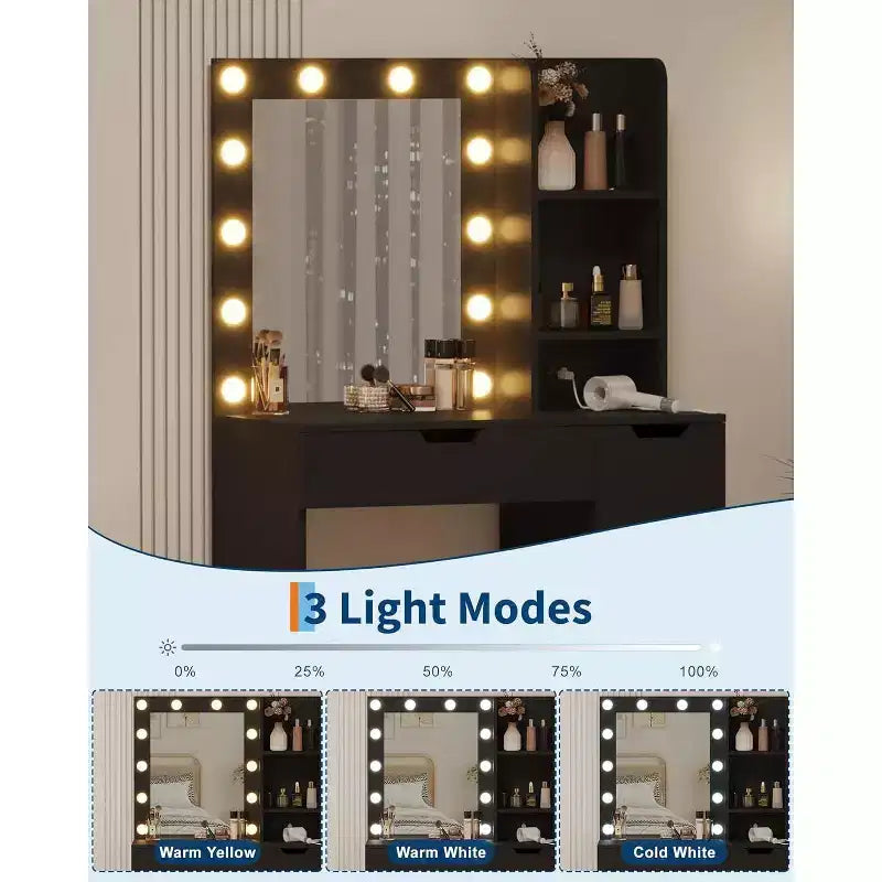 Coiffeuse haute de 140 cm, bureau de maquillage avec miroir et lumières à 3 couleurs, étagères de rangement et commode à tiroirs, pour chambre à coucher