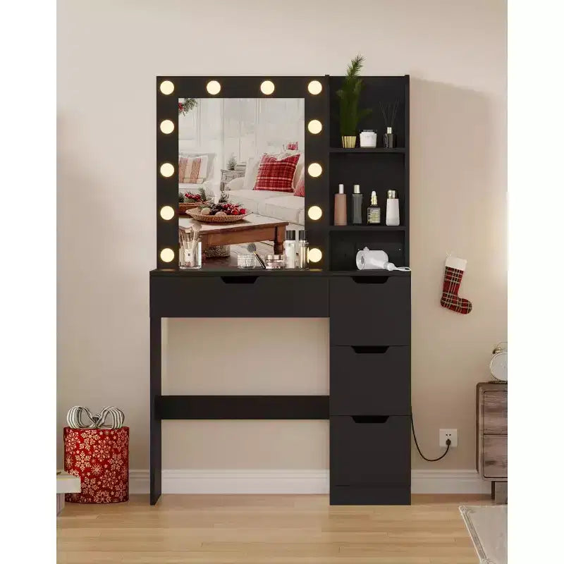 Coiffeuse haute de 140 cm, bureau de maquillage avec miroir et lumières à 3 couleurs, étagères de rangement et commode à tiroirs, pour chambre à coucher
