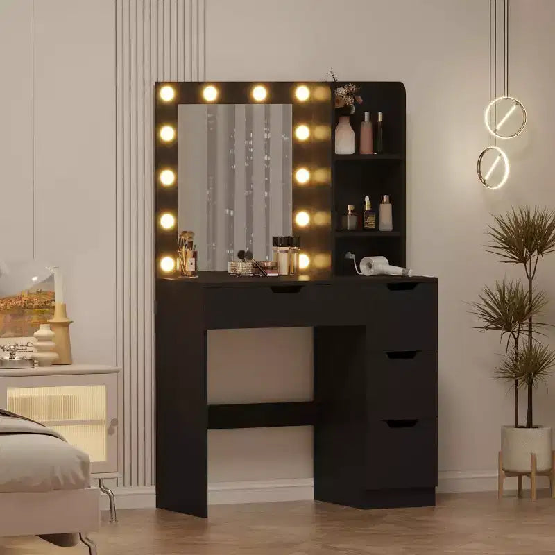 Coiffeuse haute de 140 cm, bureau de maquillage avec miroir et lumières à 3 couleurs, étagères de rangement et commode à tiroirs, pour chambre à coucher