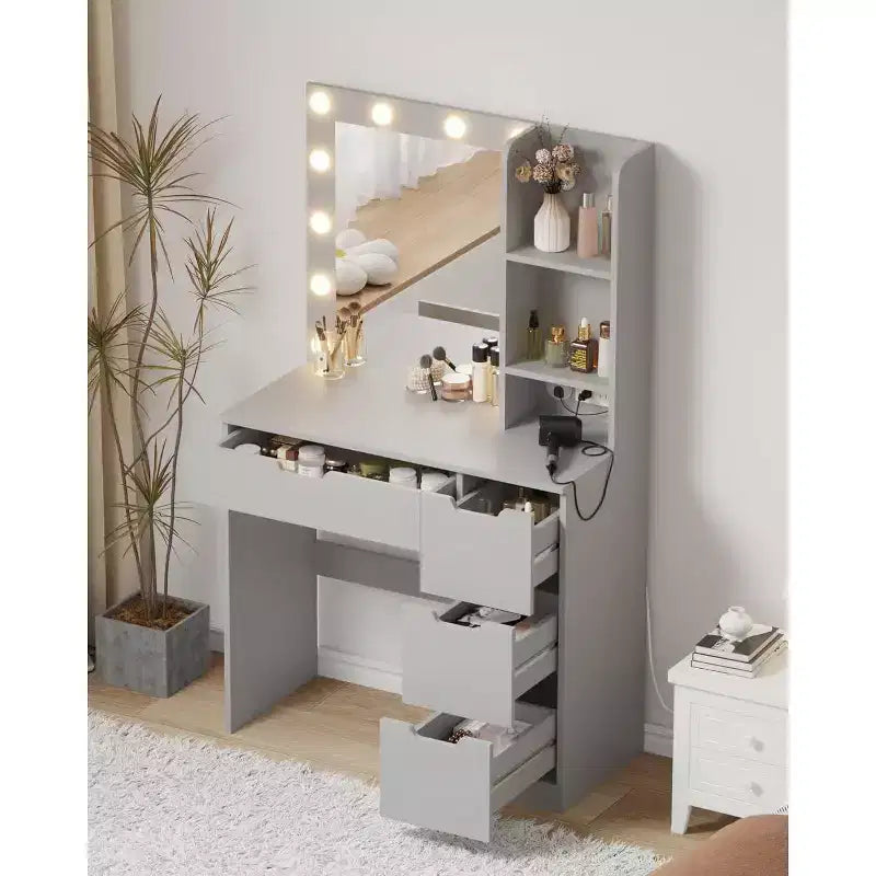 Coiffeuse haute de 140 cm, bureau de maquillage avec miroir et lumières à 3 couleurs, étagères de rangement et commode à tiroirs, pour chambre à coucher