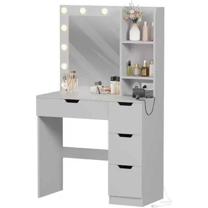 Coiffeuse haute de 140 cm, bureau de maquillage avec miroir et lumières à 3 couleurs, étagères de rangement et commode à tiroirs, pour chambre à coucher