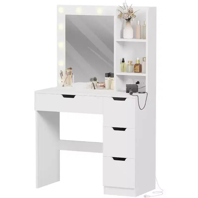 Coiffeuse haute de 140 cm, bureau de maquillage avec miroir et lumières à 3 couleurs, étagères de rangement et commode à tiroirs, pour chambre à coucher