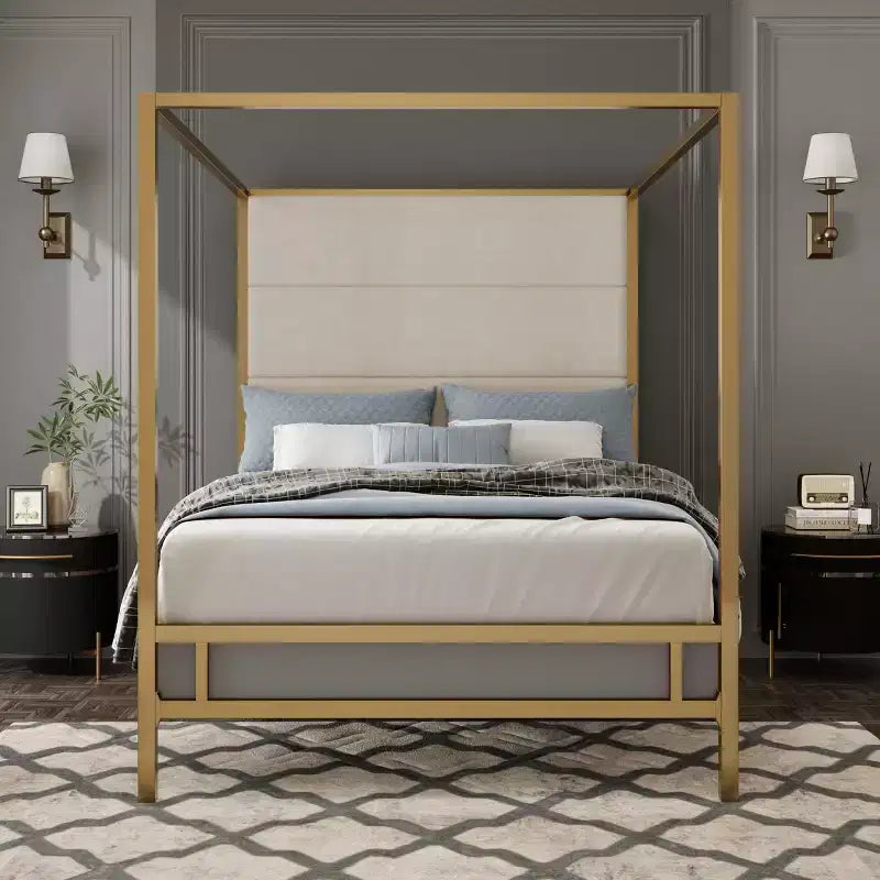 Lit à baldaquin moderne Malan de taille King Size GDFStudio avec tête de lit haute en lin tapissé