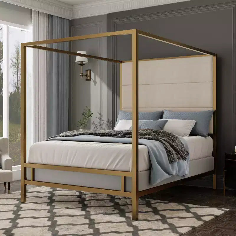 Lit à baldaquin moderne Malan de taille King Size GDFStudio avec tête de lit haute en lin tapissé