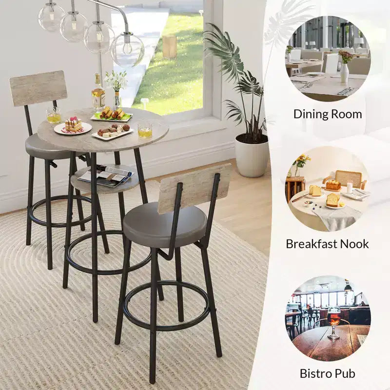 Zevemomo Ensemble de 3 pièces de table de bar ronde, petite table à manger pour 2, avec rangement, tabourets rembourrés avec dossier pour cuisine, salle à manger et bistrot - Gris
