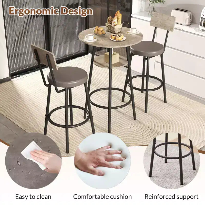Zevemomo Ensemble de 3 pièces de table de bar ronde, petite table à manger pour 2, avec rangement, tabourets rembourrés avec dossier pour cuisine, salle à manger et bistrot - Gris
