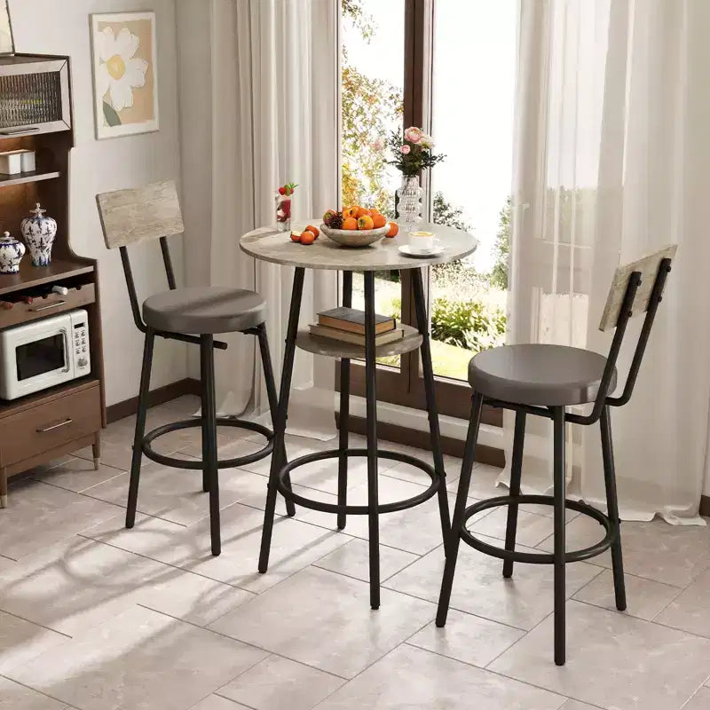 Zevemomo Ensemble de 3 pièces de table de bar ronde, petite table à manger pour 2, avec rangement, tabourets rembourrés avec dossier pour cuisine, salle à manger et bistrot - Gris