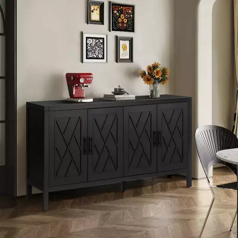 Meuble d'appoint vintage Okak 60 pouces, buffet avec quatre portes sculptées, meuble de rangement pour cuisine, salle à manger, entrée