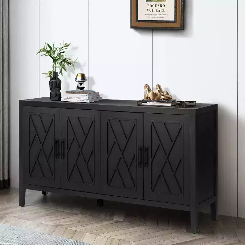 Meuble d'appoint vintage Okak 60 pouces, buffet avec quatre portes sculptées, meuble de rangement pour cuisine, salle à manger, entrée