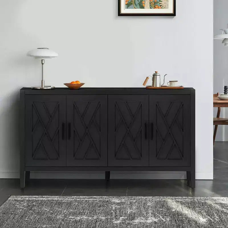 Meuble d'appoint vintage Okak 60 pouces, buffet avec quatre portes sculptées, meuble de rangement pour cuisine, salle à manger, entrée