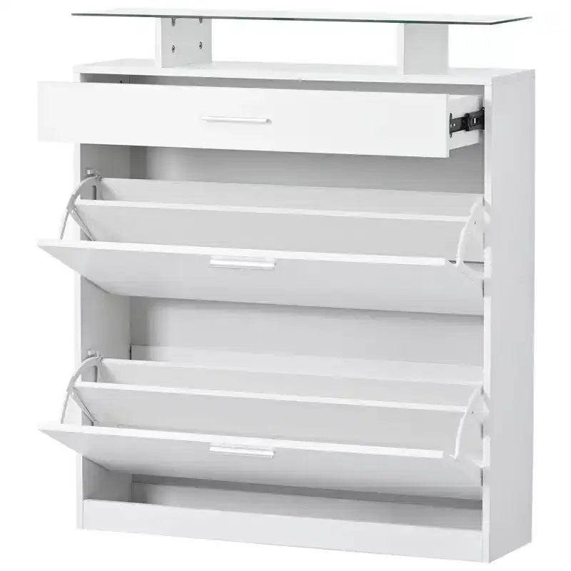 Meuble à chaussures mince Okak, meuble à chaussures autoportant avec 2 tiroirs basculants et 1 tiroir coulissant, meuble de rangement pour chaussures pour entrée, salon