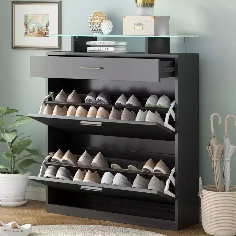 Meuble à chaussures mince Okak, meuble à chaussures autoportant avec 2 tiroirs basculants et 1 tiroir coulissant, meuble de rangement pour chaussures pour entrée, salon