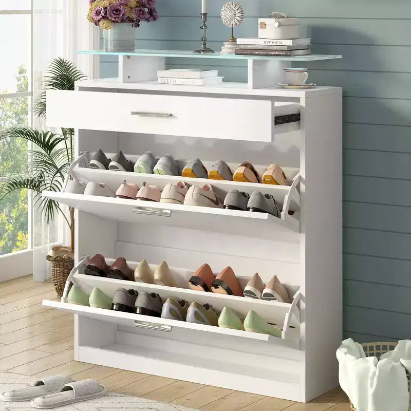 Meuble à chaussures mince Okak, meuble à chaussures autoportant avec 2 tiroirs basculants et 1 tiroir coulissant, meuble de rangement pour chaussures pour entrée, salon