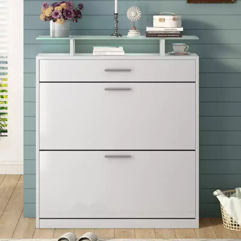 Okak Slim Shoe Cabinet, Freestanding Shoe Organizer with 2 Flip Drawer and 1 Sliding Drawer, Shoe Storage Cabinet for Entryway, Living Room
