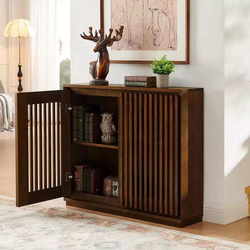 Meuble bas Okak Mid-Century, buffet avec 2 portes et 2 étagères, meuble de rangement pour salon, salle à manger, cuisine