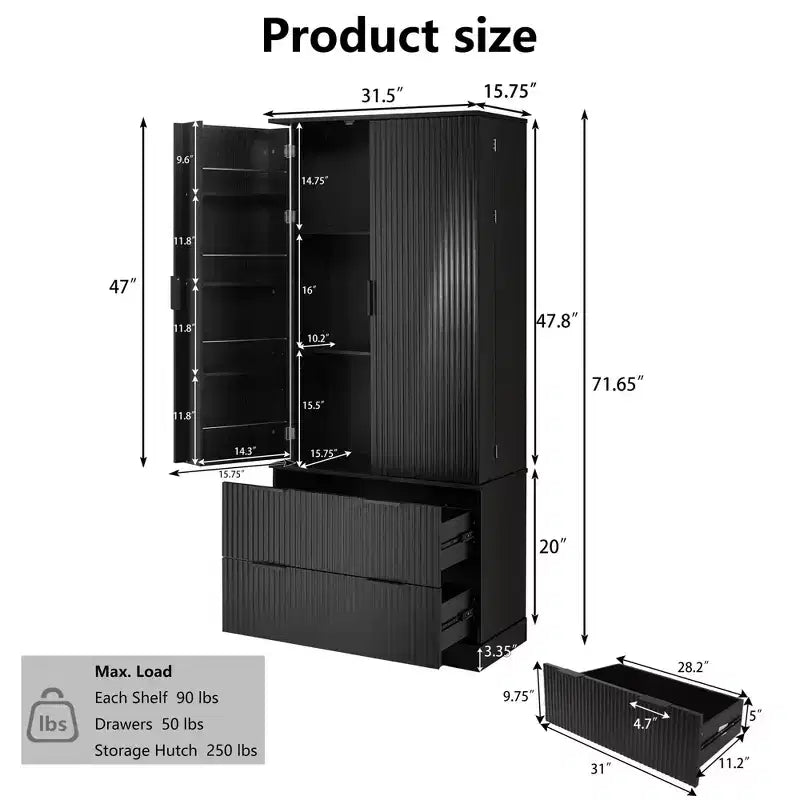 Okak Armoire de rangement haute moderne de 183 cm, armoire de rangement avec 2 portes et 4 tiroirs, meuble pour salon, couloir, cuisine