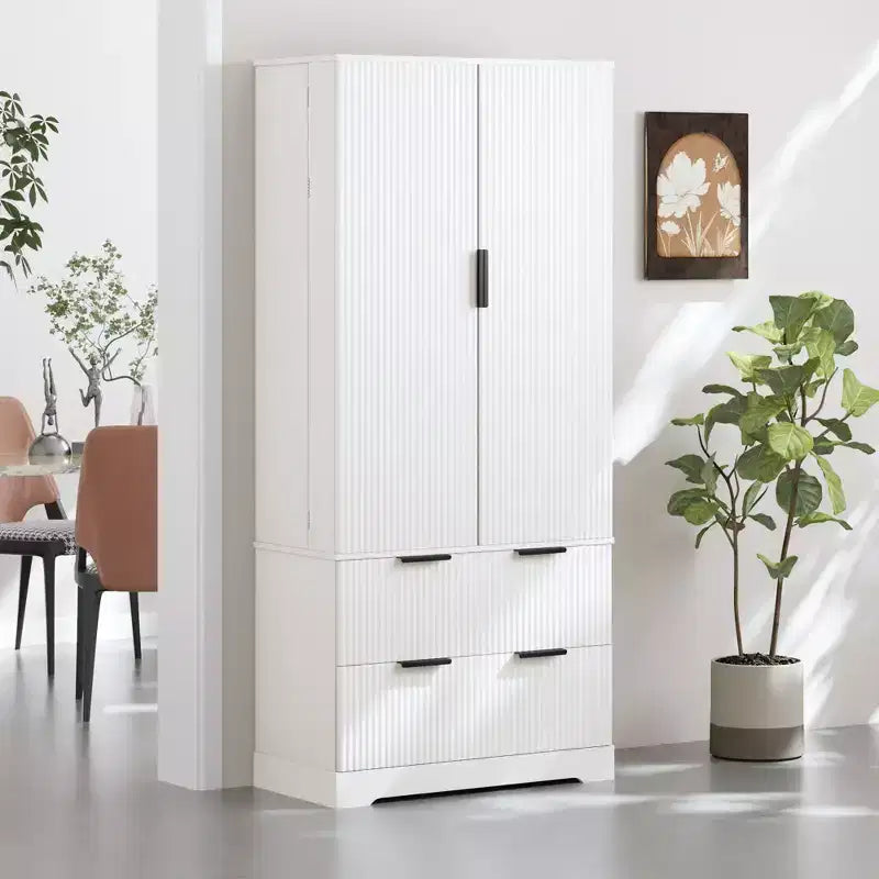 Okak Armoire de rangement haute moderne de 183 cm, armoire de rangement avec 2 portes et 4 tiroirs, meuble pour salon, couloir, cuisine