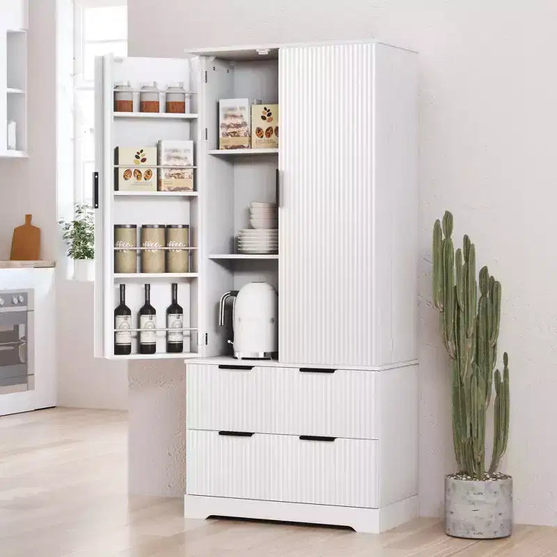 Okak Armoire de rangement haute moderne de 183 cm, armoire de rangement avec 2 portes et 4 tiroirs, meuble pour salon, couloir, cuisine