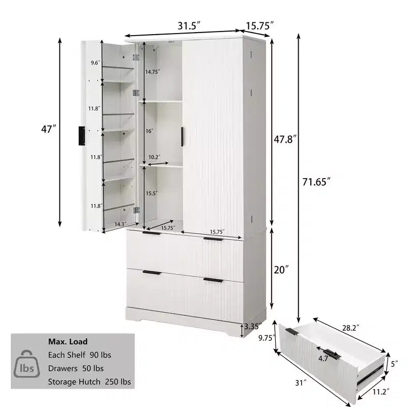 Okak Armoire de rangement haute moderne de 183 cm, armoire de rangement avec 2 portes et 4 tiroirs, meuble pour salon, couloir, cuisine