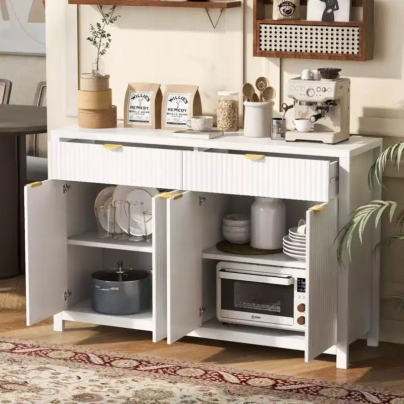 Commode moderne Okak, buffet avec 2 tiroirs et 4 portes, poignées en aluminium, meuble de rangement pour salon, salle à manger, cuisine