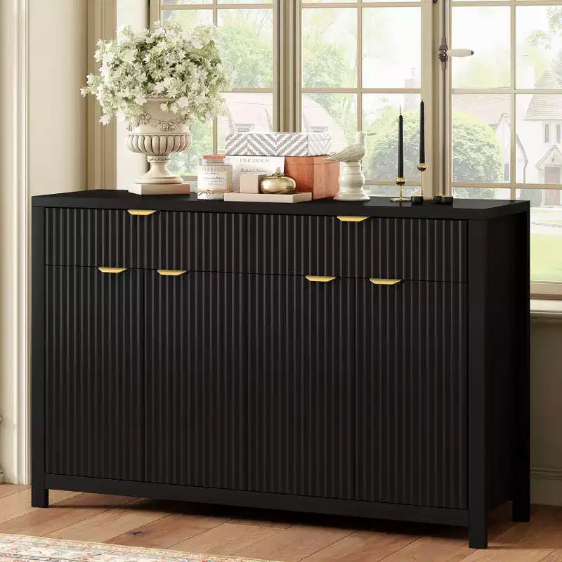 Commode moderne Okak, buffet avec 2 tiroirs et 4 portes, poignées en aluminium, meuble de rangement pour salon, salle à manger, cuisine