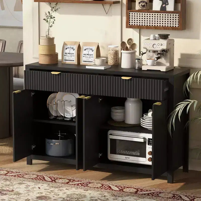 Commode moderne Okak, buffet avec 2 tiroirs et 4 portes, poignées en aluminium, meuble de rangement pour salon, salle à manger, cuisine