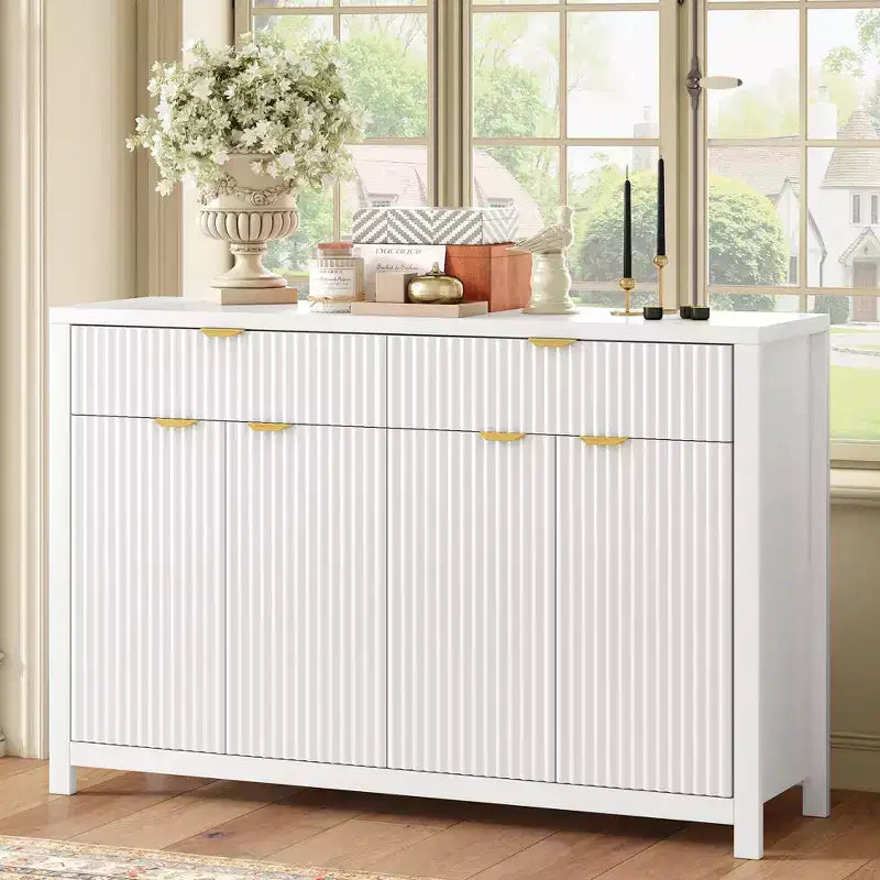 Commode moderne Okak, buffet avec 2 tiroirs et 4 portes, poignées en aluminium, meuble de rangement pour salon, salle à manger, cuisine