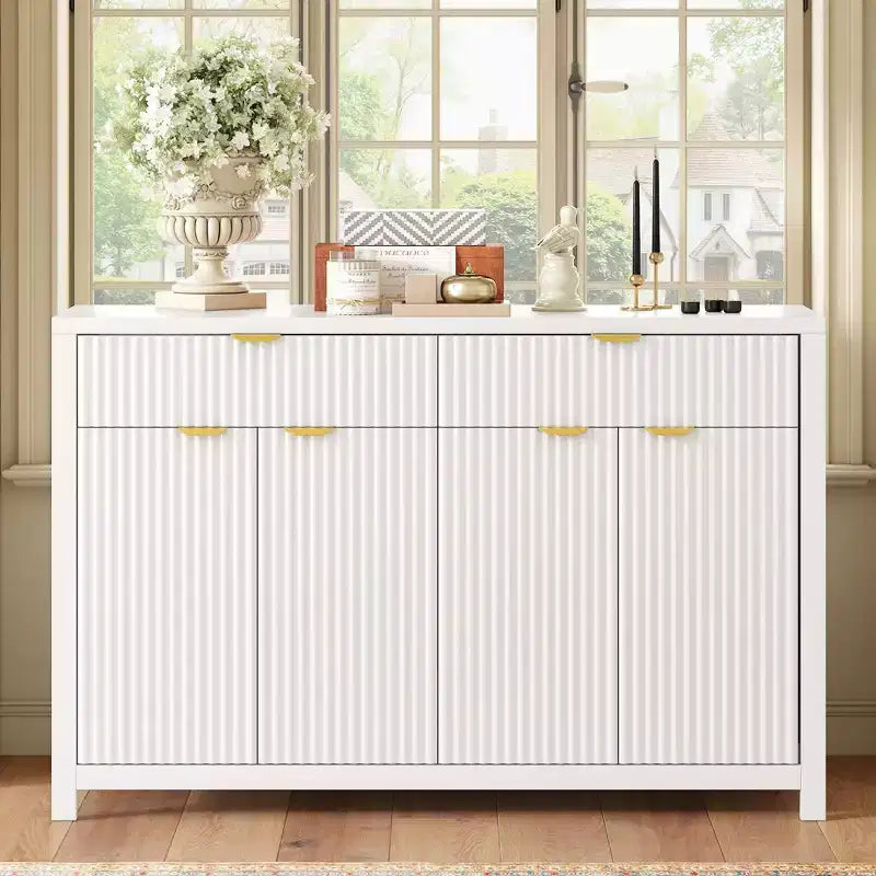Commode moderne Okak, buffet avec 2 tiroirs et 4 portes, poignées en aluminium, meuble de rangement pour salon, salle à manger, cuisine