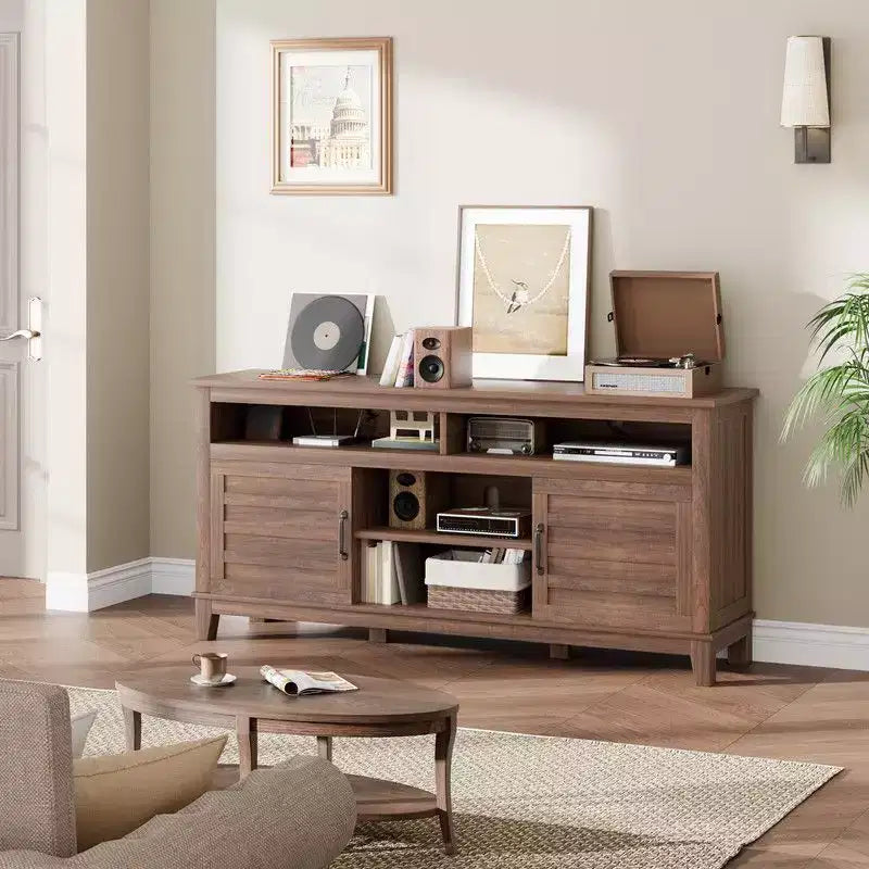 Meuble TV pour 160 cm, meuble TV avec étagères réglables, meuble TV de style ferme avec portes de placard