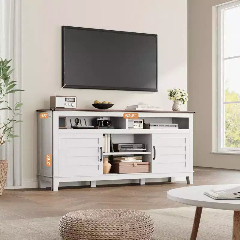 Meuble TV pour 160 cm, meuble TV avec étagères réglables, meuble TV de style ferme avec portes de placard